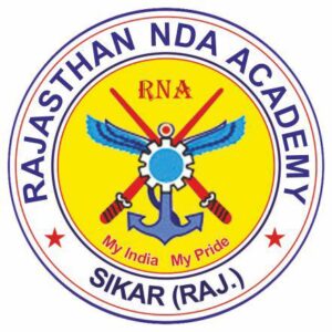 logo of a nda coaching center in yellow and blue colour combination. In the inner side of logo two swords are cross and an anchor symbol is there. The text written is RAJASTHAN NDA ACADEMY SIKAR (RAJ.)